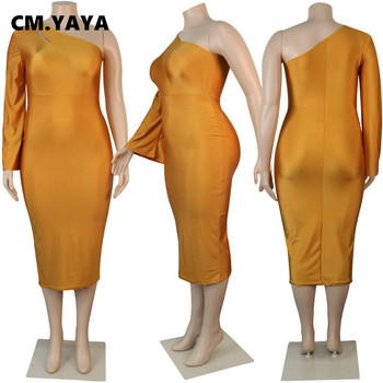 CM.YAYA Plus Size 2XL-5XL Γυναικείο Φόρεμα Φθινοπωρινό Sexy Club Party One Shoulder Μακρυμάνικο Bodycon Φόρεμα Μολύβι Μίντι