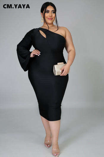 CM.YAYA Plus Size 2XL-5XL Γυναικείο Φόρεμα Φθινοπωρινό Sexy Club Party One Shoulder Μακρυμάνικο Bodycon Φόρεμα Μολύβι Μίντι