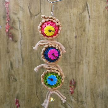 MOONBIFFY 9,44 инча цветна играчка за дъвчене на папагал с камбанка Sepa Takraw Twist String Аксесоари за клетка за птици за играчки за детски площадки за домашни любимци