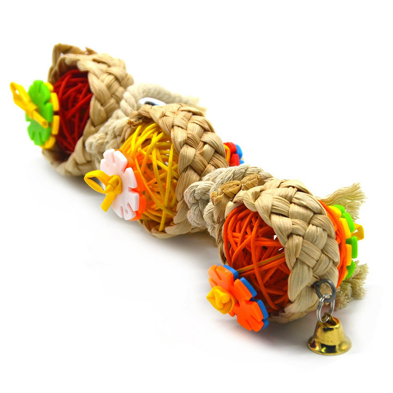 MOONBIFFY 9,44 collu krāsaina papagaiļa košļājamā rotaļlieta ar zvaniņu Sepa Takraw Twist String putnu būrīšu aksesuāri mājdzīvnieku rotaļu laukumu rotaļlietām