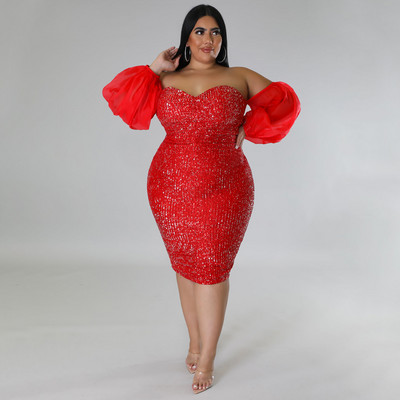 CM.YAYA lielizmēra sieviešu tīklveida laternas piedurknes no pleciem ar fliteriem Bodycon Midi kleita 2023. gada vakara seksīgas ballīšu kleitas Vestidos