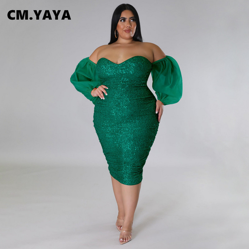 CM.YAYA lielizmēra sieviešu tīklveida laternas piedurknes no pleciem ar fliteriem Bodycon Midi kleita 2023. gada vakara seksīgas ballīšu kleitas Vestidos