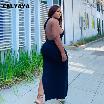 CM.YAYA Plus Size Γυναικεία Φόρεμα με ψηλό πλάι με σπαστό λαιμόκοψη O-λαιμόκοψη Αμάνικο Maxi μακρύ εξώπλατο φόρεμα Bodycon 2022 Καλοκαιρινό σέξι πάρτι τανκ φορέματα