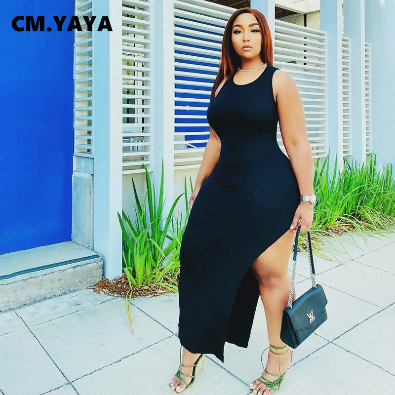 CM.YAYA lielizmēra sieviešu kleitas ar augstu sānu šķelto O veida kakla izgriezumu bez piedurknēm, gara, gara ķermeņa kleita bez aizmugures, 2022. gada vasaras seksīgas ballīšu kleitas