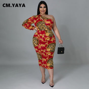 CM.YAYA Plus Size Γυναικεία Paisley One Shoulder One μακρυμάνικο Bodycon Φόρεμα Midi Κομψό 2022 Νέα Μολύβι Φορέματα