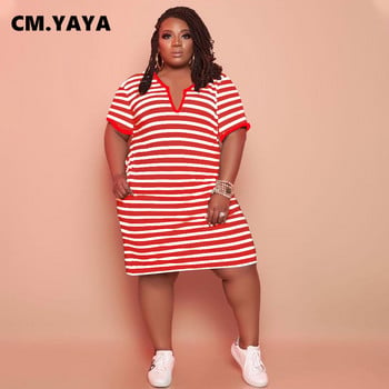 CM.YAYA Plus Size XL-5XL Ριγέ Μίντι Φόρεμα Streetwear Βασικά καλοκαιρινά φορέματα με κοντό μανίκι με λαιμόκοψη V με λαιμόκοψη