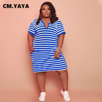 CM.YAYA Plus Size XL-5XL Ριγέ Μίντι Φόρεμα Streetwear Βασικά καλοκαιρινά φορέματα με κοντό μανίκι με λαιμόκοψη V με λαιμόκοψη