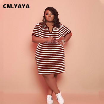 CM.YAYA Plus Size XL-5XL Ριγέ Μίντι Φόρεμα Streetwear Βασικά καλοκαιρινά φορέματα με κοντό μανίκι με λαιμόκοψη V με λαιμόκοψη