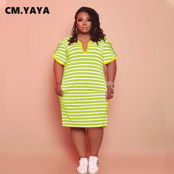 CM.YAYA Plus Size XL-5XL Ριγέ Μίντι Φόρεμα Streetwear Βασικά καλοκαιρινά φορέματα με κοντό μανίκι με λαιμόκοψη V με λαιμόκοψη