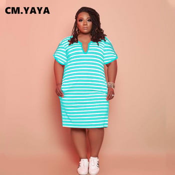 CM.YAYA Plus Size XL-5XL Ριγέ Μίντι Φόρεμα Streetwear Βασικά καλοκαιρινά φορέματα με κοντό μανίκι με λαιμόκοψη V με λαιμόκοψη