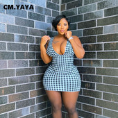 CM.YAYA sieviešu lielizmēra kleita ar rūtainu piedurknēm bez piedurknēm V-veida kakla elastīgas, šauras ķermeņa kleitas Sexy Fashion Street Vestidos vasaras apģērbs