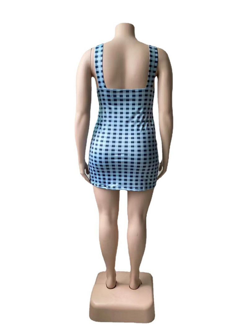 CM.YAYA sieviešu lielizmēra kleita ar rūtainu piedurknēm bez piedurknēm V-veida kakla elastīgas, šauras ķermeņa kleitas Sexy Fashion Street Vestidos vasaras apģērbs