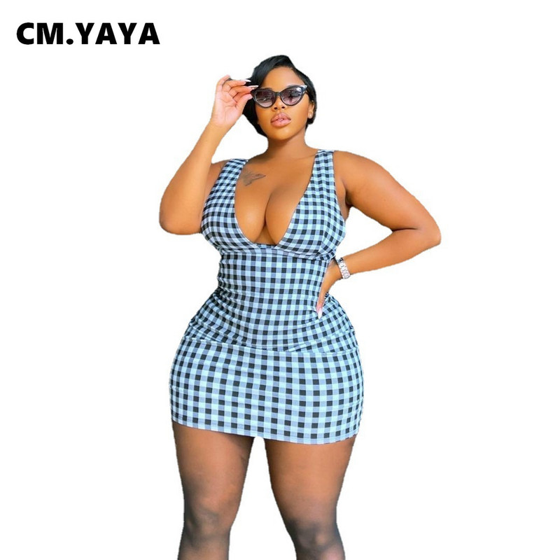 CM.YAYA sieviešu lielizmēra kleita ar rūtainu piedurknēm bez piedurknēm V-veida kakla elastīgas, šauras ķermeņa kleitas Sexy Fashion Street Vestidos vasaras apģērbs