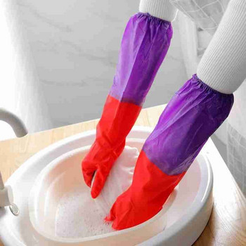 1 чифт дълги гумени кадифени домакински ръкавици за миене на съдове гумени водоустойчиви противоплъзгащи се удебелени топли ръкавици скрубер кухненски чист инструмент