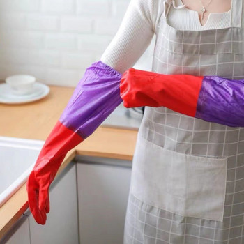 1 ζεύγος μακριά λαστιχένια βελούδινα γάντια οικιακής χρήσης καουτσούκ για πλύσιμο πιάτων αδιάβροχο αντιολισθητικό χοντρό ζεστό γάντια καθαριστικό εργαλείο κουζίνας