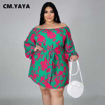 CM.YAYA Γυναικείο φόρεμα συν μεγέθους εκτύπωση Off Shoulder Loose φορέματα σε γραμμή Α Φορέματα με επίδεσμο λαιμόκοψη Vintage Fashion Vestidos Fall