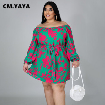 CM.YAYA Γυναικείο φόρεμα συν μεγέθους εκτύπωση Off Shoulder Loose φορέματα σε γραμμή Α Φορέματα με επίδεσμο λαιμόκοψη Vintage Fashion Vestidos Fall