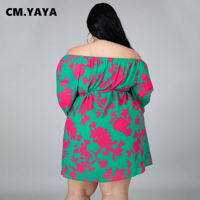 CM.YAYA Γυναικείο φόρεμα συν μεγέθους εκτύπωση Off Shoulder Loose φορέματα σε γραμμή Α Φορέματα με επίδεσμο λαιμόκοψη Vintage Fashion Vestidos Fall