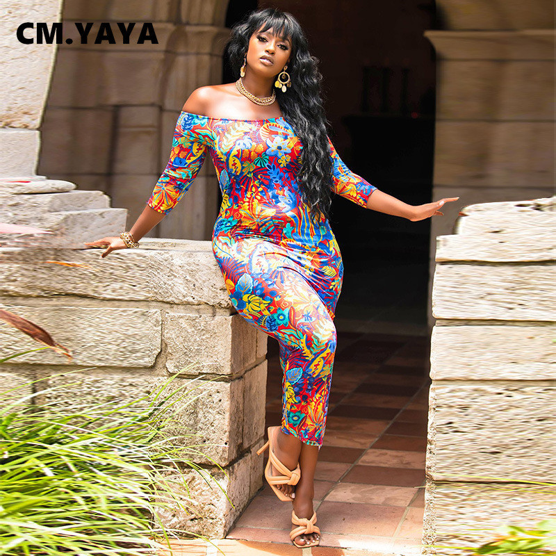 CM.YAYA sieviešu lielizmēra kleitu apdruka ar īsām piedurknēm pie pleciem, elastīga, izdilis bodycon garas maxi kleitas Modes apģērbs vasarā