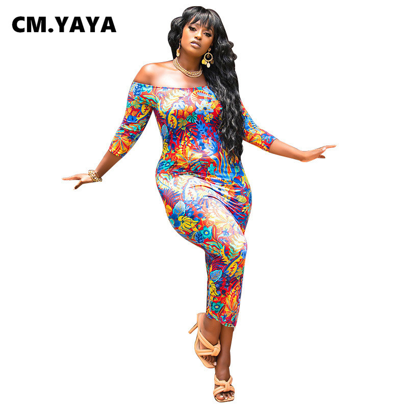 CM.YAYA sieviešu lielizmēra kleitu apdruka ar īsām piedurknēm pie pleciem, elastīga, izdilis bodycon garas maxi kleitas Modes apģērbs vasarā