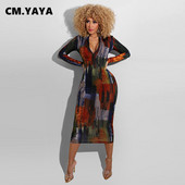 CM.YAYA Women S-5XL Painted Tie Dye Print Bodycon Midi Maxi Dress Club Party Zīmuļu garās kleitas 2021. gada pavasara ziema