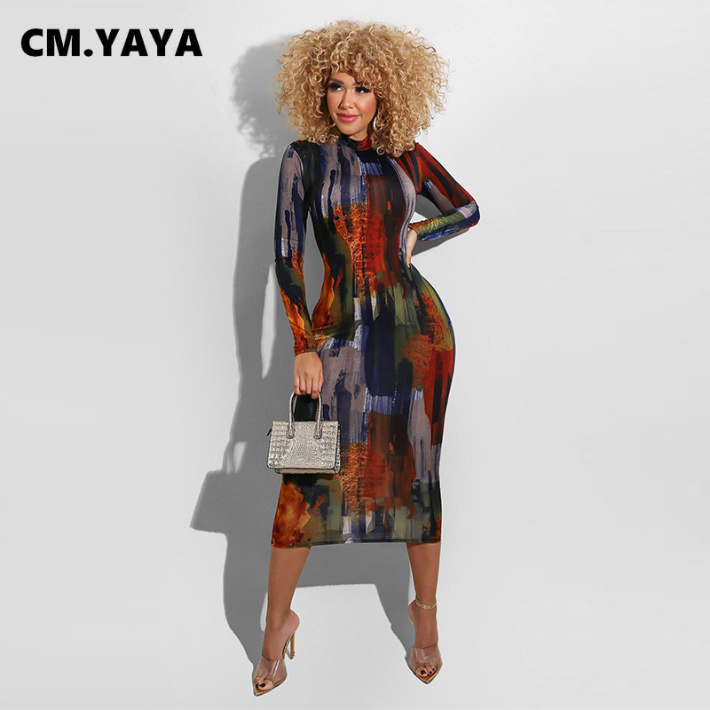CM.YAYA Women S-5XL Painted Tie Dye Print Bodycon Midi Maxi Dress Club Party Zīmuļu garās kleitas 2021. gada pavasara ziema