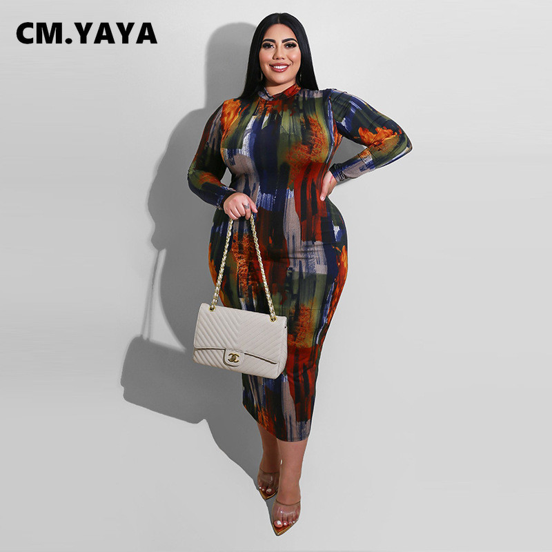 CM.YAYA Women S-5XL Painted Tie Dye Print Bodycon Midi Maxi Dress Club Party Zīmuļu garās kleitas 2021. gada pavasara ziema