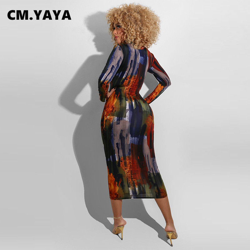 CM.YAYA Women S-5XL Painted Tie Dye Print Bodycon Midi Maxi Dress Club Party Zīmuļu garās kleitas 2021. gada pavasara ziema