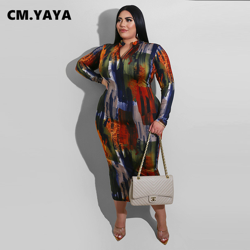 CM.YAYA Women S-5XL Painted Tie Dye Print Bodycon Midi Maxi Dress Club Party Zīmuļu garās kleitas 2021. gada pavasara ziema