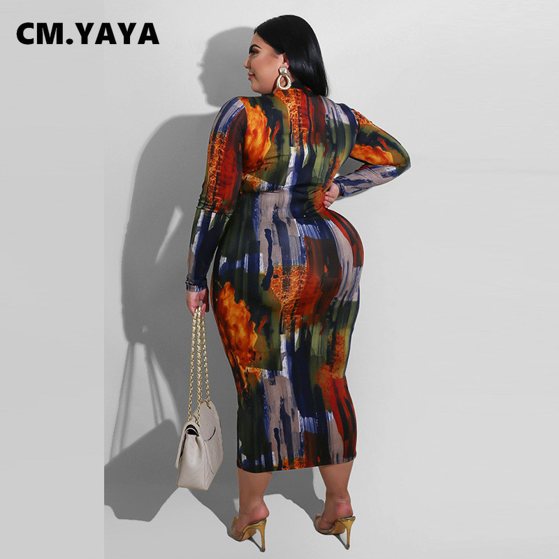 CM.YAYA Women S-5XL Painted Tie Dye Print Bodycon Midi Maxi Dress Club Party Zīmuļu garās kleitas 2021. gada pavasara ziema