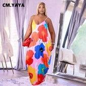 CM.YAYA Γυναικείο φόρεμα Plus Size Print Αμάνικο λουράκι V-λαιμόκοψη Φαρδύ μακρύ μάξι φόρεμα με τσέπες Fashion Vestidos Summer outfits