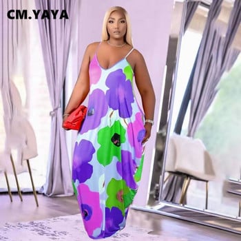 CM.YAYA Γυναικείο φόρεμα Plus Size Print Αμάνικο λουράκι V-λαιμόκοψη Φαρδύ μακρύ μάξι φόρεμα με τσέπες Fashion Vestidos Summer outfits