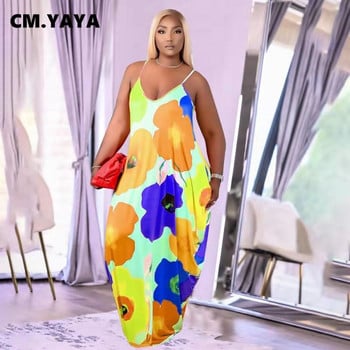 CM.YAYA Γυναικείο φόρεμα Plus Size Print Αμάνικο λουράκι V-λαιμόκοψη Φαρδύ μακρύ μάξι φόρεμα με τσέπες Fashion Vestidos Summer outfits