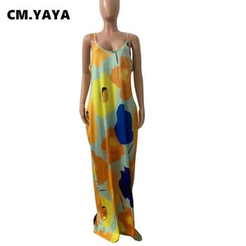 CM.YAYA Γυναικείο φόρεμα Plus Size Print Αμάνικο λουράκι V-λαιμόκοψη Φαρδύ μακρύ μάξι φόρεμα με τσέπες Fashion Vestidos Summer outfits