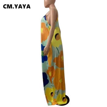 CM.YAYA Γυναικείο φόρεμα Plus Size Print Αμάνικο λουράκι V-λαιμόκοψη Φαρδύ μακρύ μάξι φόρεμα με τσέπες Fashion Vestidos Summer outfits