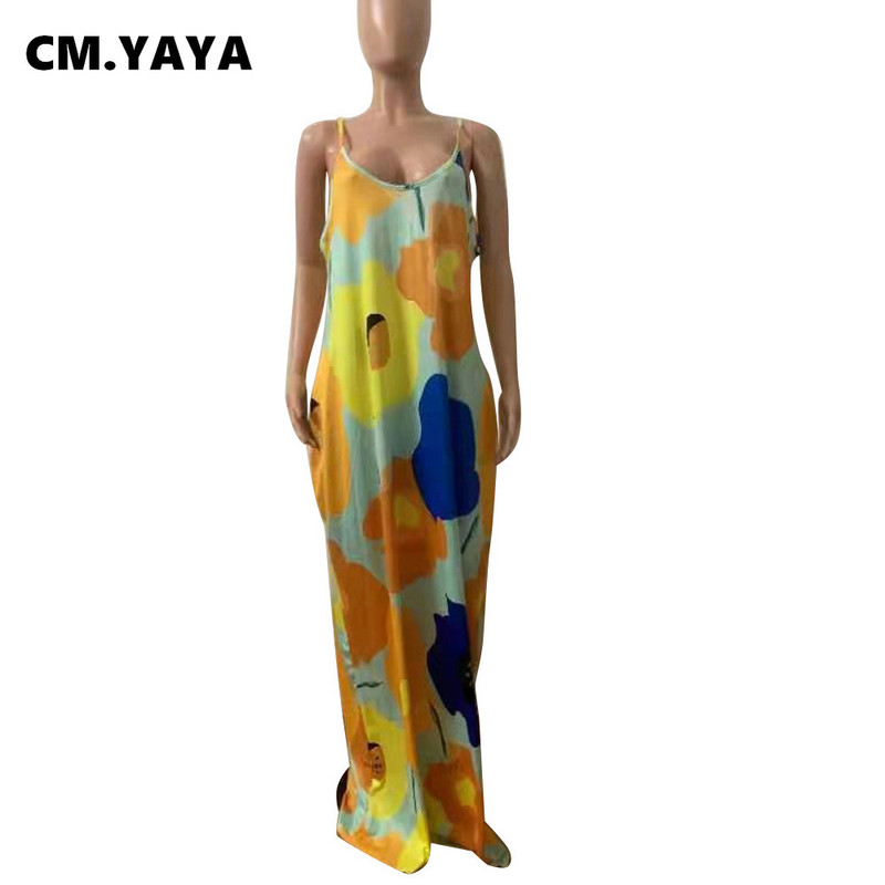 CM.YAYA Γυναικείο φόρεμα Plus Size Print Αμάνικο λουράκι V-λαιμόκοψη Φαρδύ μακρύ μάξι φόρεμα με τσέπες Fashion Vestidos Summer outfits