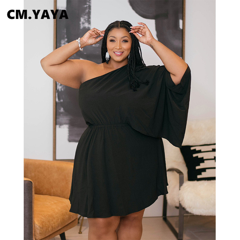 CM.YAYA sieviešu lielizmēra kleita, cieta, pussiksnas piedurkne ar vienu plecu šķībi apkakle, šaura, brīva A-līnijas kleita, seksīgs apģērbs vasarā