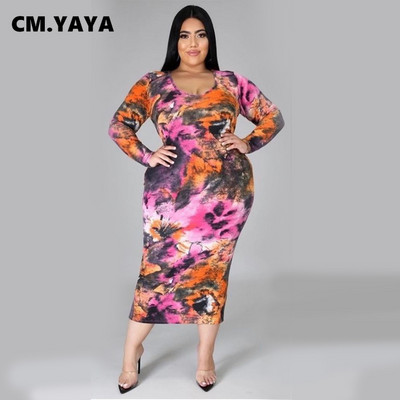 CM.YAYA Rochie de mărime mare pentru femei, cu mâneci întregi, cu decolteu O, elastic elastic, rochii midi, rochii casual, vintage, ținute de vară 2021