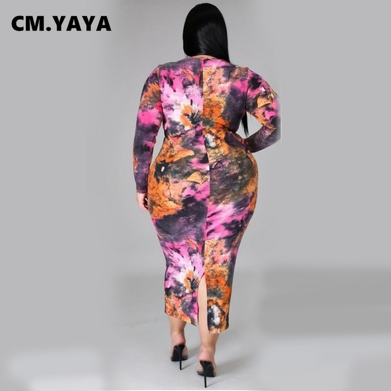 CM.YAYA sieviešu lielizmēra kleita ar apdruku ar pilnām piedurknēm O-veida kakla elastīga Bodycon Midi kleitas ikdienišķa vintage Vestidos Summr tērpi 2021