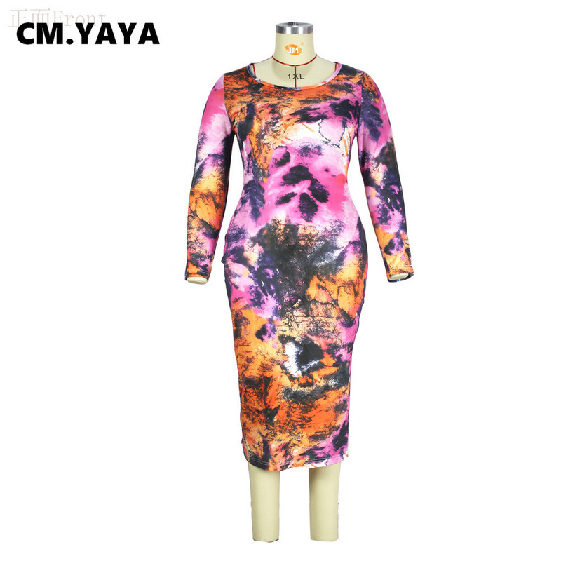 CM.YAYA sieviešu lielizmēra kleita ar apdruku ar pilnām piedurknēm O-veida kakla elastīga Bodycon Midi kleitas ikdienišķa vintage Vestidos Summr tērpi 2021