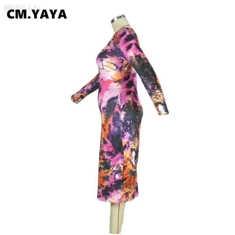 CM.YAYA sieviešu lielizmēra kleita ar apdruku ar pilnām piedurknēm O-veida kakla elastīga Bodycon Midi kleitas ikdienišķa vintage Vestidos Summr tērpi 2021