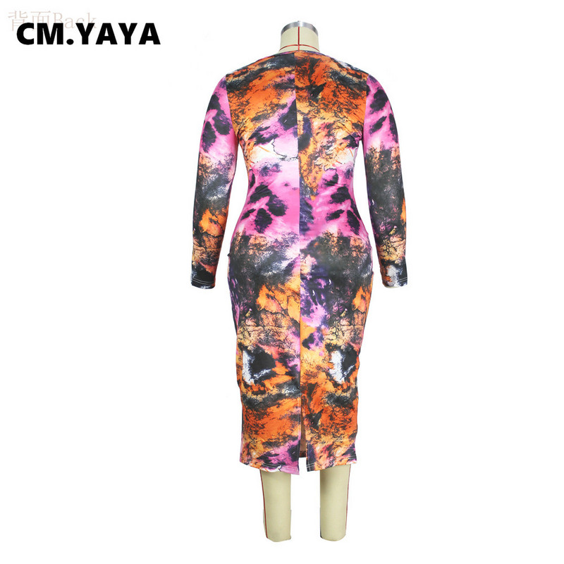 CM.YAYA sieviešu lielizmēra kleita ar apdruku ar pilnām piedurknēm O-veida kakla elastīga Bodycon Midi kleitas ikdienišķa vintage Vestidos Summr tērpi 2021