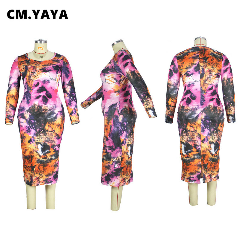 CM.YAYA sieviešu lielizmēra kleita ar apdruku ar pilnām piedurknēm O-veida kakla elastīga Bodycon Midi kleitas ikdienišķa vintage Vestidos Summr tērpi 2021