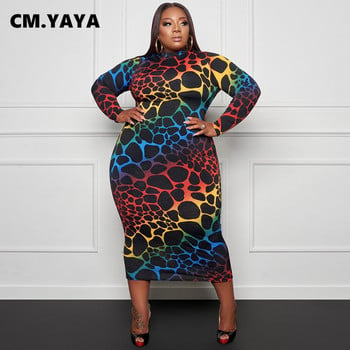 CM.YAYA Γυναικείο Plus Size Πολύχρωμο Leopard με λαιμόκοψη μακρυμάνικο μίντι μάξι φόρεμα για μοδάτα vintage μακρυά φορέματα Bodycon