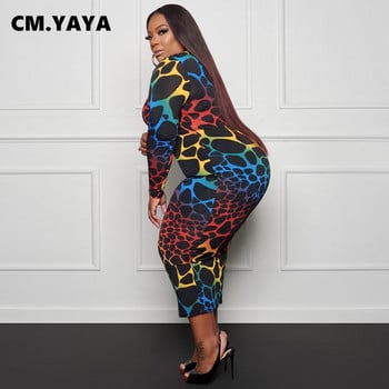 CM.YAYA Γυναικείο Plus Size Πολύχρωμο Leopard με λαιμόκοψη μακρυμάνικο μίντι μάξι φόρεμα για μοδάτα vintage μακρυά φορέματα Bodycon