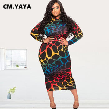 CM.YAYA Γυναικείο Plus Size Πολύχρωμο Leopard με λαιμόκοψη μακρυμάνικο μίντι μάξι φόρεμα για μοδάτα vintage μακρυά φορέματα Bodycon