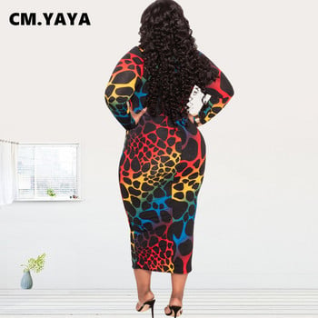 CM.YAYA Γυναικείο Plus Size Πολύχρωμο Leopard με λαιμόκοψη μακρυμάνικο μίντι μάξι φόρεμα για μοδάτα vintage μακρυά φορέματα Bodycon