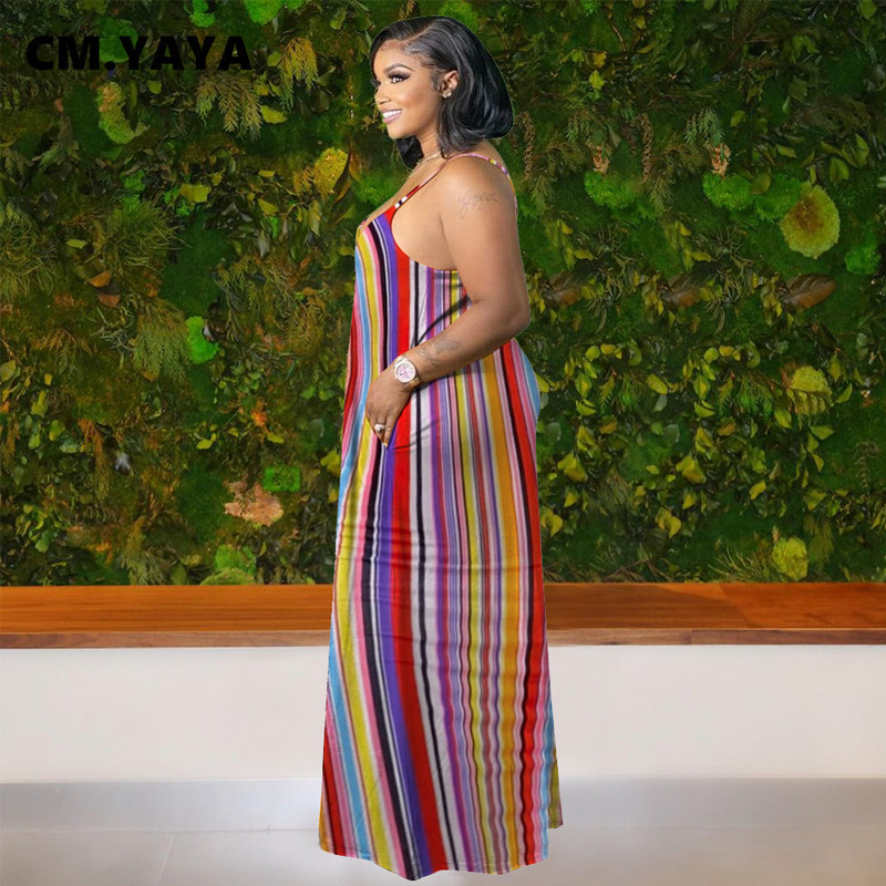 CM.YAYA sieviešu lielizmēra kleita ar svītrainām siksnām ar O veida kakla izgriezumu Bodycon elastīgas maksi garas kleitas ar kabatām Vintage Vestidos 2021. gada vasara