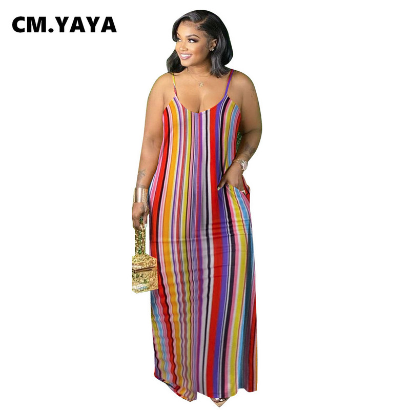 CM.YAYA sieviešu lielizmēra kleita ar svītrainām siksnām ar O veida kakla izgriezumu Bodycon elastīgas maksi garas kleitas ar kabatām Vintage Vestidos 2021. gada vasara