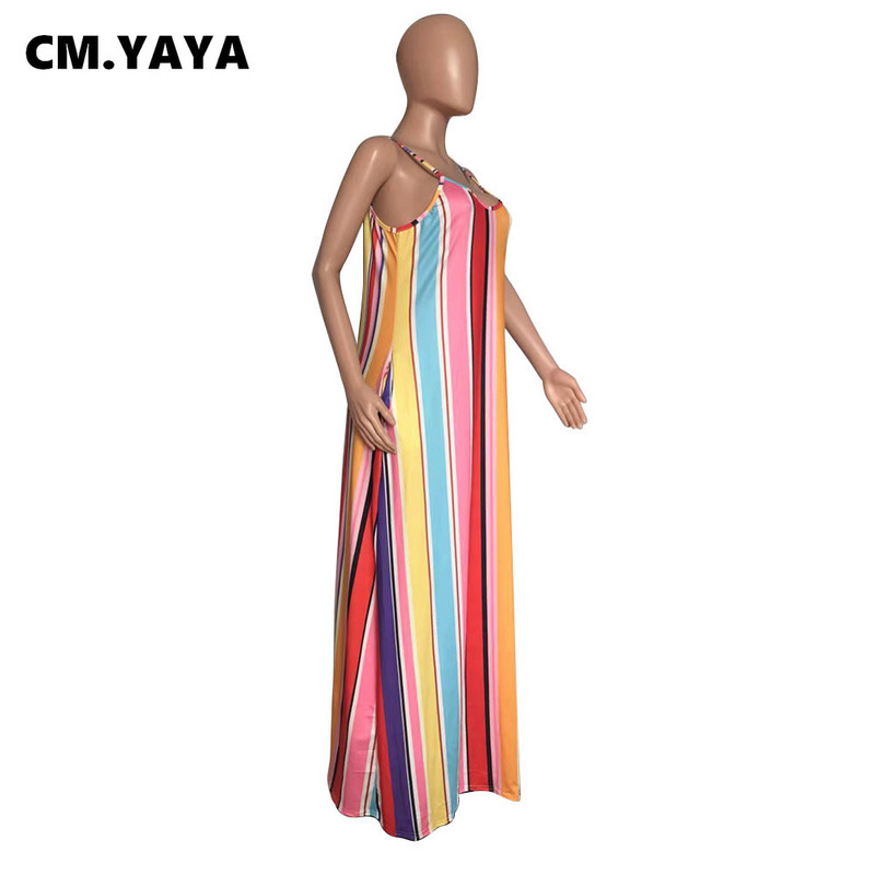 CM.YAYA sieviešu lielizmēra kleita ar svītrainām siksnām ar O veida kakla izgriezumu Bodycon elastīgas maksi garas kleitas ar kabatām Vintage Vestidos 2021. gada vasara